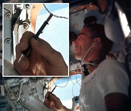 Cunningham using a Scripto pencil on Apollo 7